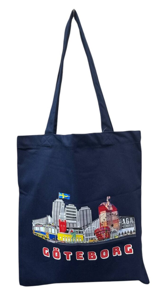 En grön tygpåse dekorerad med livfulla illustrationer av Göteborgs landmärken, med en svensk flagga och "Göteborg" i djärva röda bokstäver.