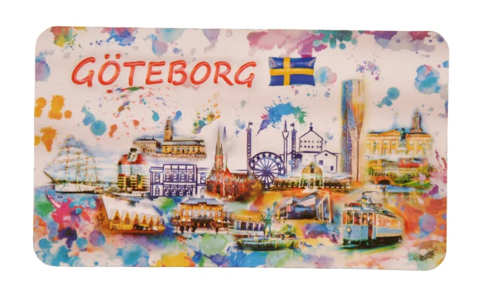 Magnet Göteborg Pop-Up Färgrik visar upp färgglada illustrationer av Göteborgs landmärken, inklusive ikoniska byggnader, en spårvagn, ett fartyg och ett pariserhjul med svensk flagga. "GÖTEBORG" sticker ut på toppen och skapar en konstnärlig stadsmagnet.