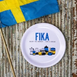 Glasunderlägg 11cm rund med kant Fika retro blågul
