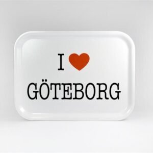 Bricka 27x20 cm, I love Göteborg, vit/svart-röd