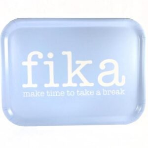 Bricka 27x20 cm, Make time Fika, ljusblå/vit