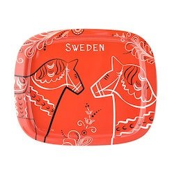 Plåt bricka, Dalahäst Kurbits, röd, 19cm