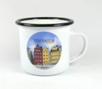 Emaljmugg, Stockholm, vit/färgtryck