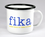 Enamel mug, Make time Fika, white with blue/yellow text