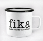 Emaljmugg, Make time Fika, vit/svart text