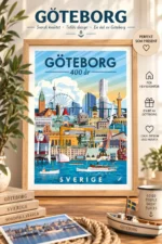 Illustrerat motiv som visar Göteborgs historia och utveckling.