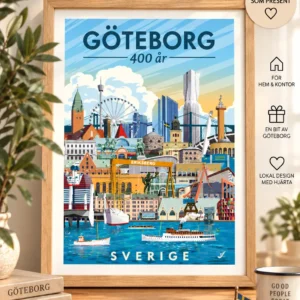 Illustrerat motiv som visar Göteborgs historia och utveckling.