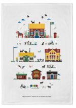 Kitchen towel with red houses on white background