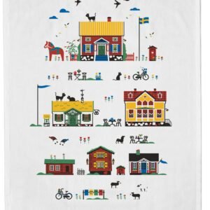 Kökshandduk med röda hus på vit bakgrund