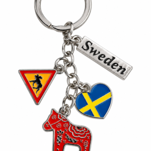 Nyckelring med svenska motiv – älg, dalahäst och Sverigeflagga
