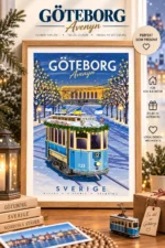Göteborgsspårvagn i vintermiljö.