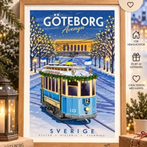 Göteborgsspårvagn i vintermiljö.
