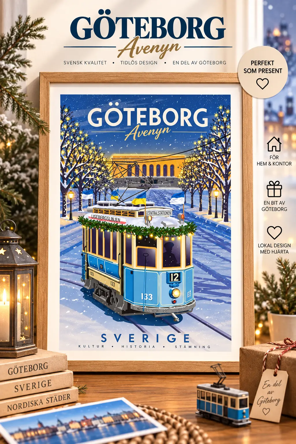 Göteborgsspårvagn i vintermiljö.