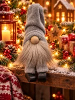 TOMTE SITTANDE MED RENSKINNSSKÄGG OCH LUVA GRÅ 14 CM
