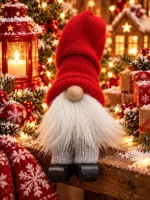 TOMTE SITTANDE MED RENSKINNSSKÄGG OCH LUVA RÖD 14 CM