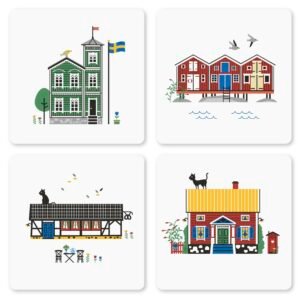 Glasunderlägg med  olika husmotiv